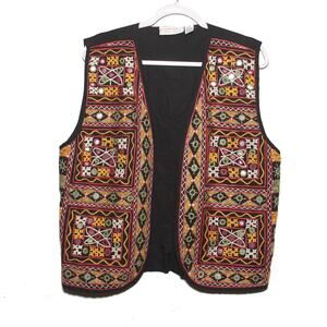 Vintage Passports Boho Cotton Mirror Accent Embroidered Vest Size Large